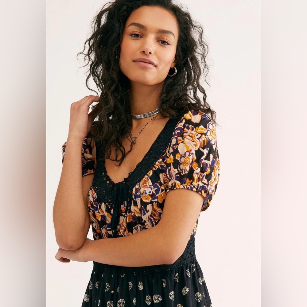 Free People Black Floral Tiered Midi Dress - Picture 2 of 10